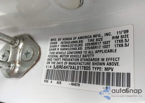 2010 Honda Cr-V Ex-L из США, поврежденный, VIN 5J6RE4H7XAL017805